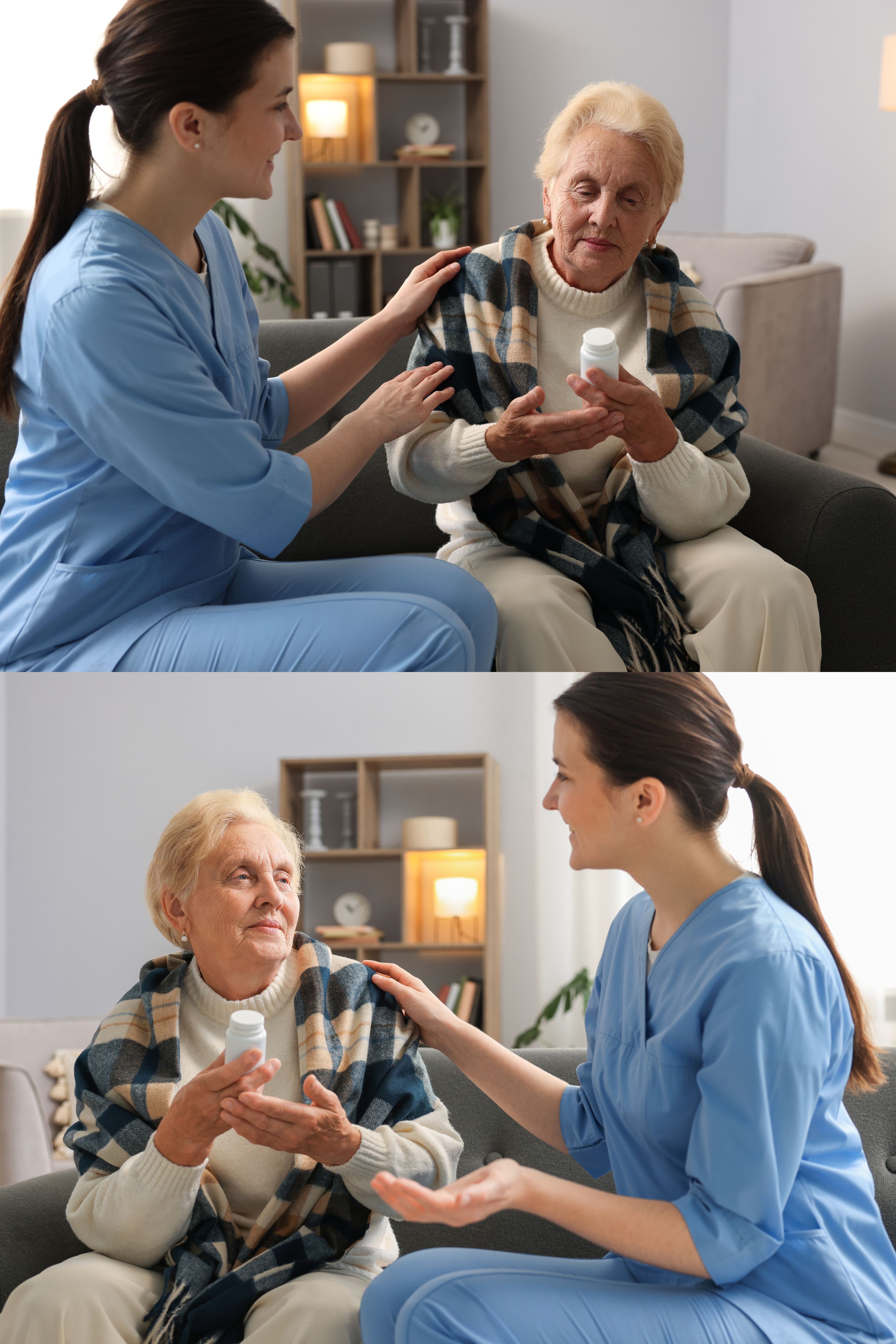 Home health nurse caring for an older patient at home.